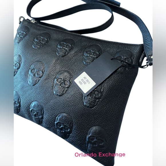 IO Pelle Skulls Black Leather Crossbody Bag - Picture 2 of 7